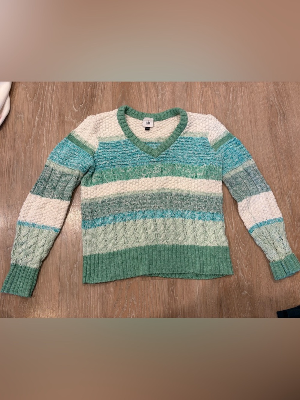 CAbi Women's Green, Teal & Cream Striped V-Neck Sweater